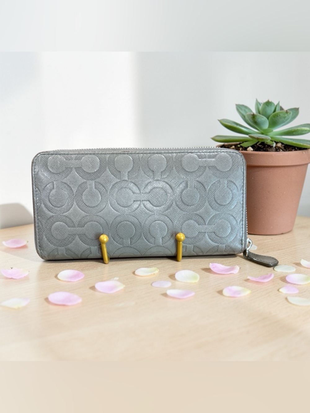 Coach Metallic Silver Signature Zip Wallet